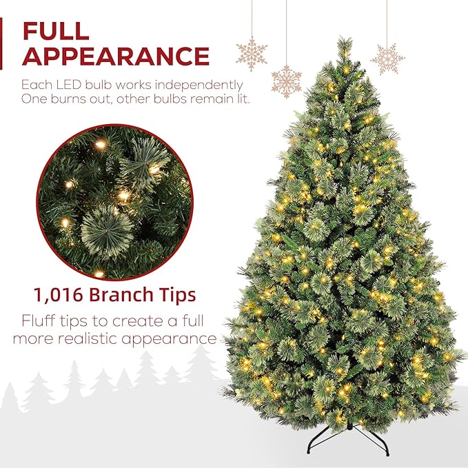 Hykolity 6 ft Prelit Christmas Tree, Artificial Christmas Pine Tree with 350 Warm White LED Lights, 1016 PVC Branch Tips & Needles, Metal Stand and Hinged Branches