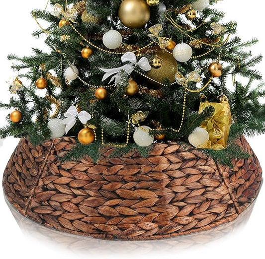 Christmas Tree Collar 24'' D Handmade Hyacinth Tree Collar Basket Rattan Wicker Christmas Woven Tree Ring Stand Base Cover for Christmas Holiday Decoration-Brown Washed