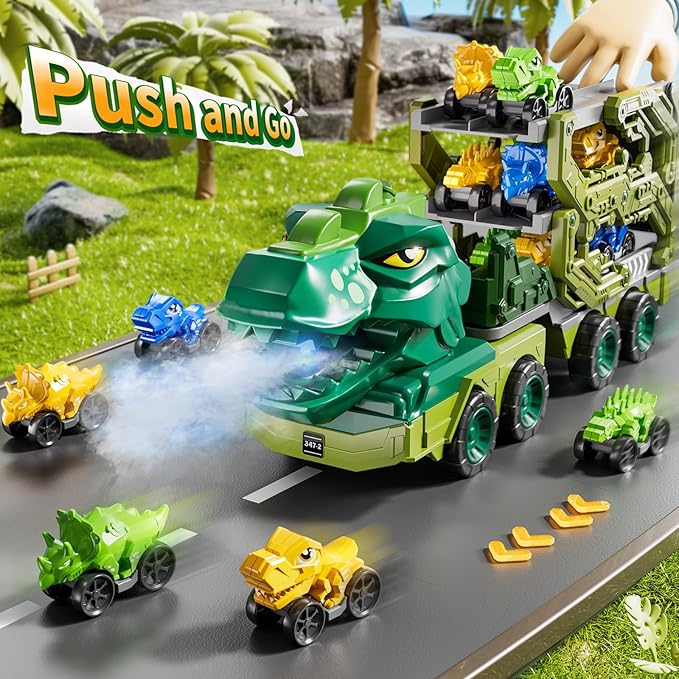 10 in 1 Dinosaur Truck Toys for Kids Aged 3-5 4-8 with Foldable Race Track, Carrier Truck with 9 Dinosaur Toy Cars for Boys, Spraying, Light and Sound, Birthday Gifts for Girls Toddlers 5-7