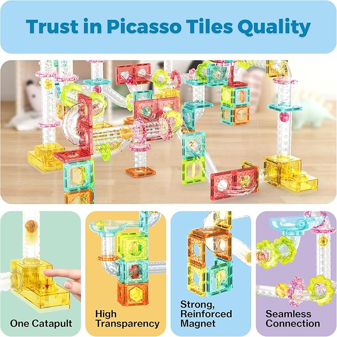 PicassoTiles 100pc Magnetic Marble Run Travel Size Tile Blocks Construction Kids Toy Set On The Go Mini Magnet Tiles Marbles Playset for Race Track Building Block STEM Learning Kit Boy Girl 3+ PTMG100