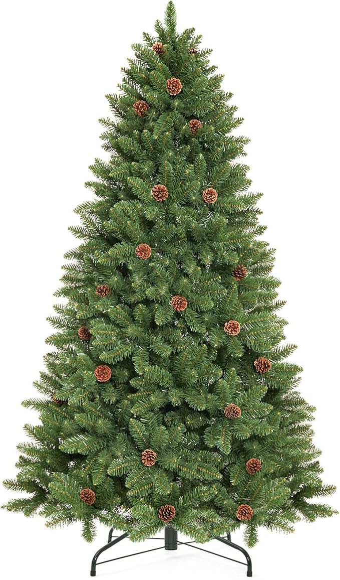 7FT Unlit Realistic Artificial Christmas Tree with Pinecones - Full PVC Xmas Tree for Indoor Holiday Decoration, Easy Assembly