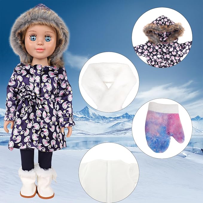 18-inch Doll Down Jacket, Doll Winter Clothing Set, 5 Different Colors and Patterns Available. (Deep Blue-Swan Print)