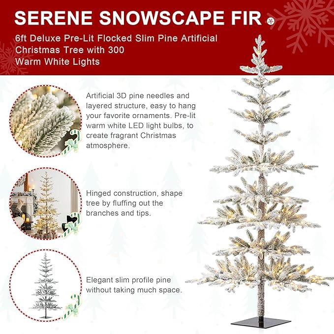 Glitzhome 6ft Flocked Christmas Tree, Pre-Lit Artificial Christmas Tree,Serene Snowscape Fir Tree with Sturdy Metal Stand, 733 PE Tips and 300 Warm White Lights for Holiday Party Home Decor