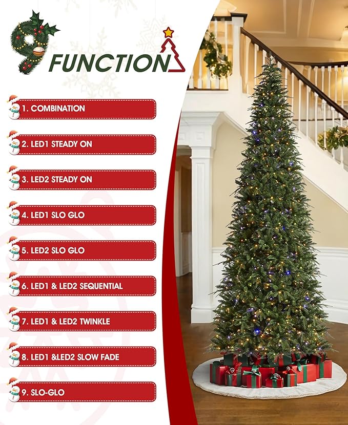 Glitzhome 11ft Prelit Artificial Christmas Tree,Radiant Evergreen Fir with 850 Warm White/Multi-color LED Lights,9 Function,w/Remote Control,Holiday Décor w/Easy Assembly,Metal Hinges & Foldable Base