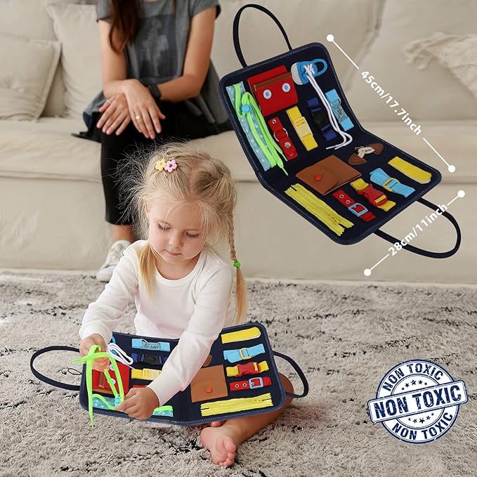 Esjay Toddler Busy Board, Sensory Board for Fine Motor Skill, Montessori Toys Educational Learning Toddler Activities for Travel Car Airplane, Toys Gifts for Boys Girls,Blue Alphabet