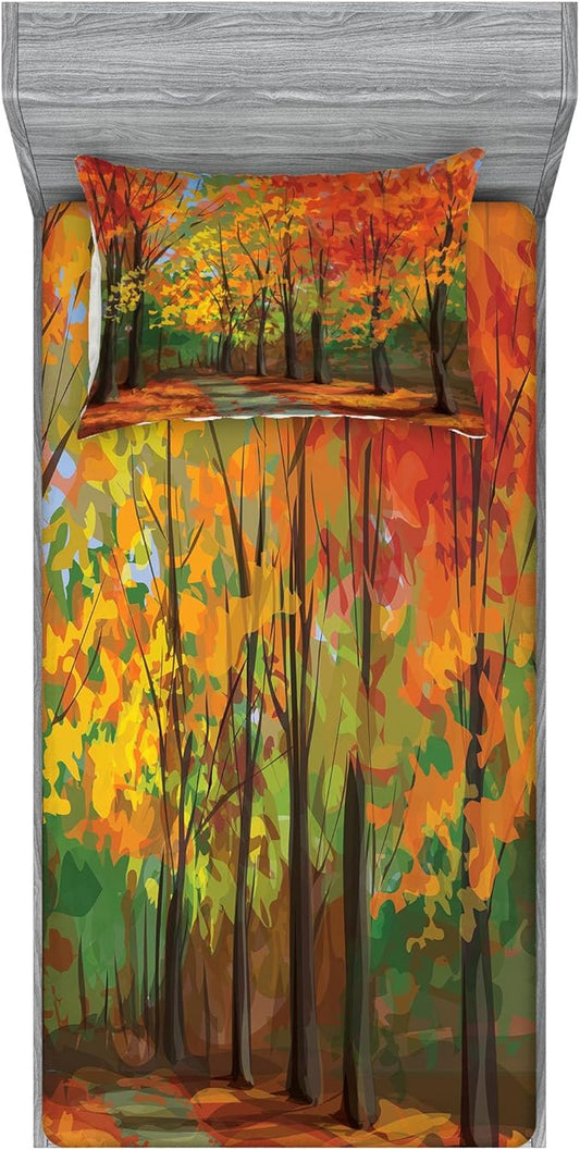 Ambesonne Rustic Fitted Sheet & Pillow Sham Set, North Woods Falling Leaves Fall Park Road Autumn Leaves Seasonal Colors Romantic, Decorativeed 2 Piece Bedding Decor Set, Twinxl, Orange and Green