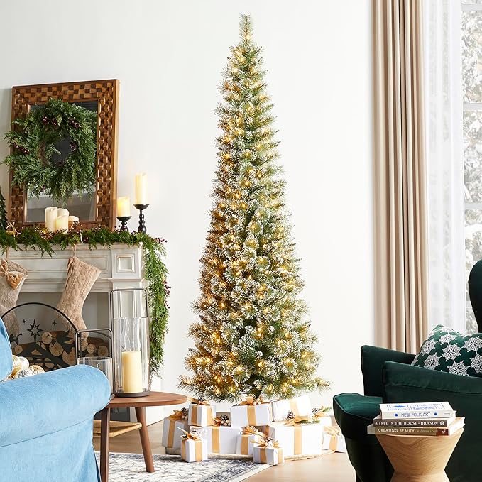 Glitzhome 7.5ft Prelit Christmas Tree, Artificial Christmas Tree, Hinged Pencil Christmas Trees Portland Cashmere Pine with 250 Warm White/Multi-Color Lights, 9 Function w/Remote Control