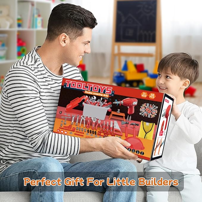 58-Piece Kids Tool Set with Realistic Power Toy Drill & Tool Box & DIY Stickers, Kids Construction Kits, STEM Pretend Play Boy Toys, for Toddlers Boy Ages 3-8