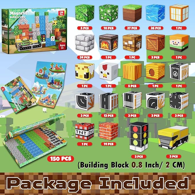 150 PCS Magnetic Blocks - Magnetic Building Block for Kids Ages 4-8, Magnet Blocks Sets for Grassland Build, Magnet Cubes Building Toys for Girls Boys Ages 3 4 5 6 7 8-12 Birthday Gift