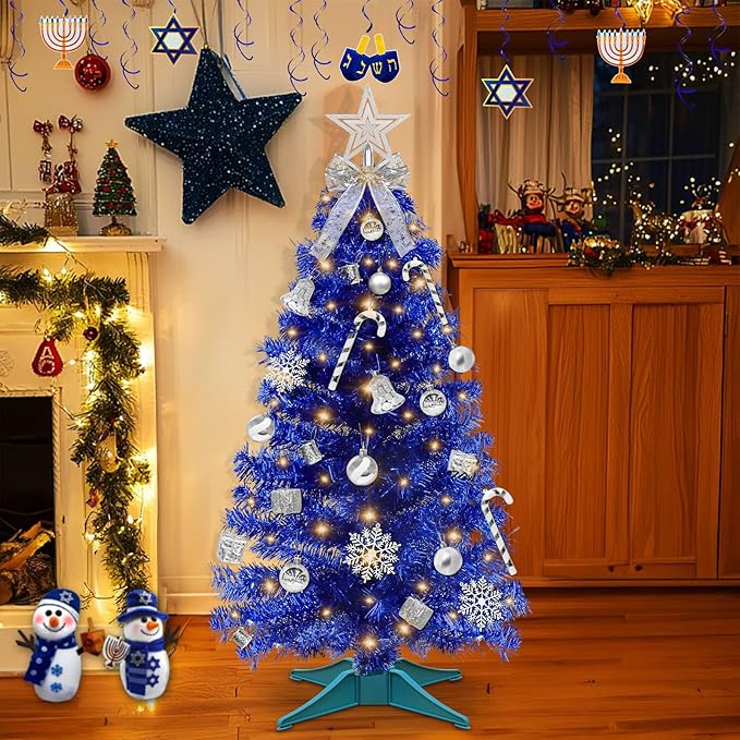 3 Ft Small Christmas Tree Hanukkah Decor with Timer Remote, 8 Modes 50 Warm White&Colorful Change Lights, 3D Star&44 Ornaments, Battery Operated, Mini Christmas Tree Table Indoor Holiday Party Decor