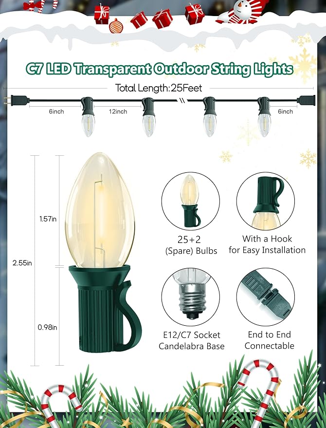 Abeja C7 Clear LED String Lights, 25Ft C7 Christmas String Lights with 27 Clear LED Bulbs (2 Spare) Indoor & Outdoor Use for Christmas Holiday, Party, Patio, Backyard Decoration