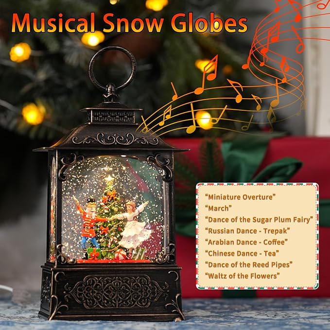 Snow Globe with Dancing Nutcrackers, Light Up Christmas Snow Globes with Music Timer - USB Plug or Battery Operated Glitter Globe Indoor Christmas Decorations