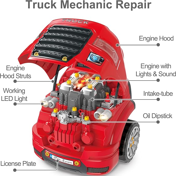 iPlay, iLearn Large Truck Engine Toy, Kids Mechanic Repair Set for 3-5 Yr Toddlers, Big Builder Kit, Take Apart Motor Vehicle Pretent Play Car Service Station, Gifts 4 6 7 8 Year Old Boy Child