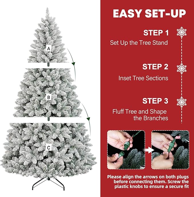 Hykolity 7.5 ft Prelit Snow Flocked Christmas Tree with Remote Control, 1446 PVC Branch Tips Artificial Hinged Christmas Tree with 450 Multi-Color RGB Lights for Home, 15 Modes