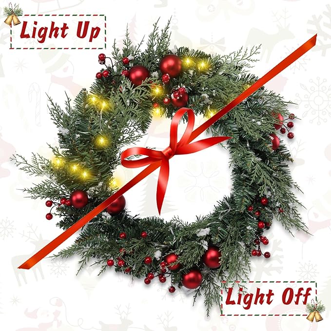 20" Large Christmas Wreath with LED Lights Winter Wreaths for Front Door or Wall Powered by 3AA Batteries for Indoor Outdoor Party Holiday Decorations