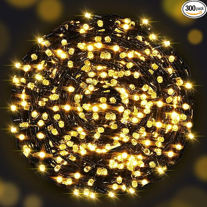 AmyHomie Warm White Christmas Lights, 108Ft 300LED Plug-in Christmas String Lights,8 Modes Waterproof Fairy String Lights for Outdoor & Indoor Christmas Tree Home Patio Garden Party Wedding Decor