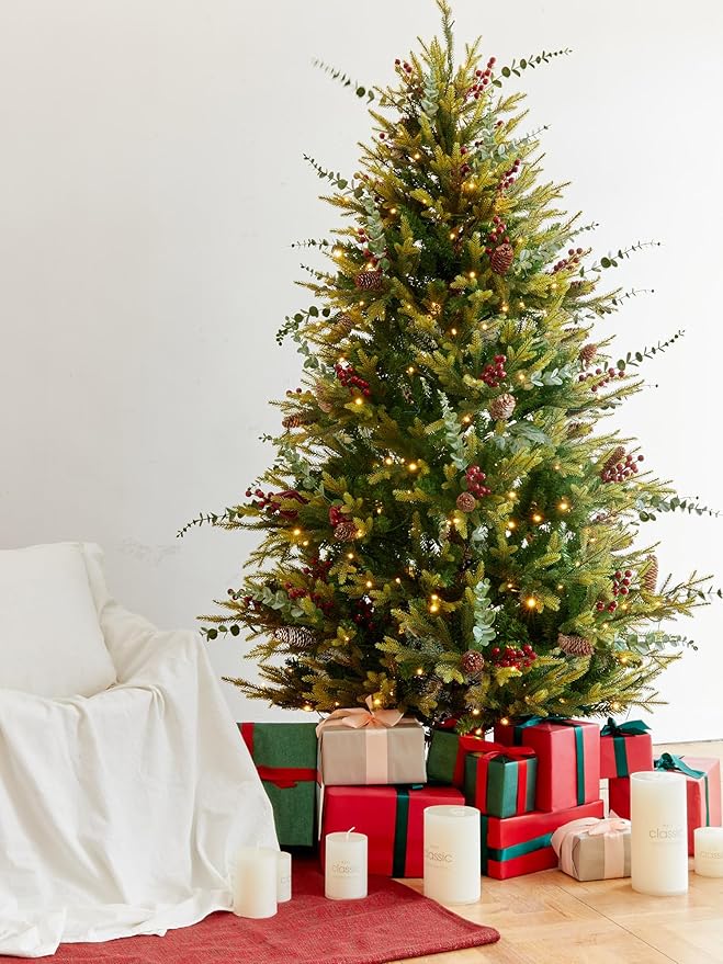 Artificial Christmas Tree with 300 Multi-Colored String Lights with 11 Modes, 6FT Prelit Christmas Tree with Red Berry and Pinecone, Xmas Tree with Foldable Stand Christmas Decorations Decor