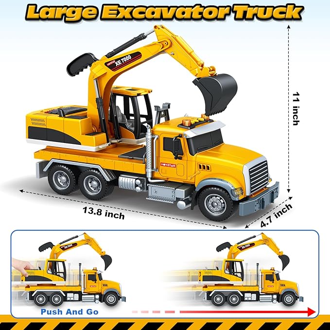 Kids Toys for 3 4 5 6 7 8 Years Old Boys, Large Excavator Truck Toy with Lights, Sounds, Toddler Friction Powered Truck Vehicle Toy for Boys Girls Christmas Birthday Gifts