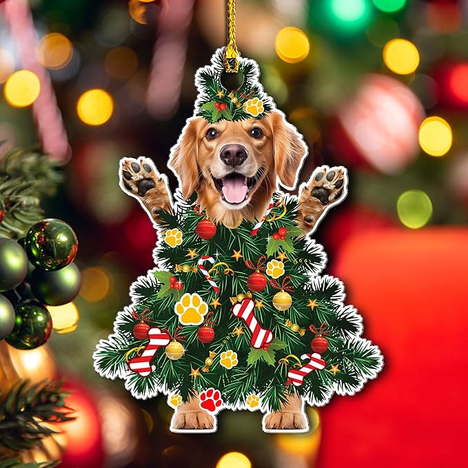 2025 Golden Retriever Dog Christmas Ornament - Adorable Dog Dressed as a Christmas Tree - Fun and Festive Acrylic Decoration (Golden Retriever Xmas Tree)