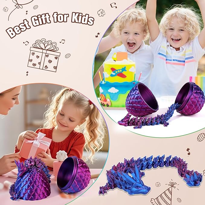12''3D Printed Dragon and 4.73''Egg - 3D Printed Toys, Articulated Crystal Dragon Egg with Dragons Inside Fidget Toy, Decor Dragons Collectible Figurines(Blue Purple,12inch)
