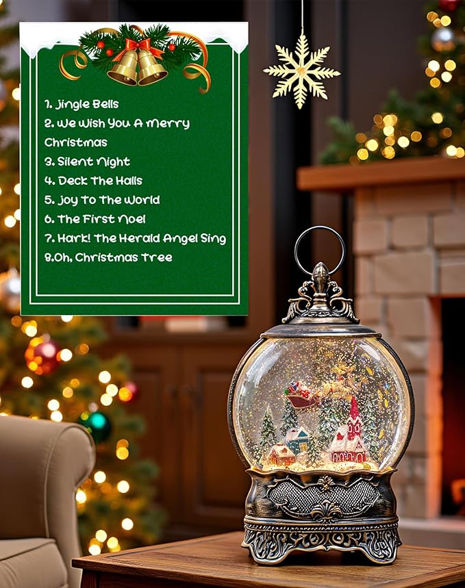 12.1" Snow Globe Lights, Santa Sleigh Car Flying Scene, Musical Flashing Water Lights, USB and Battery Powered Christmas Decoration Gifts