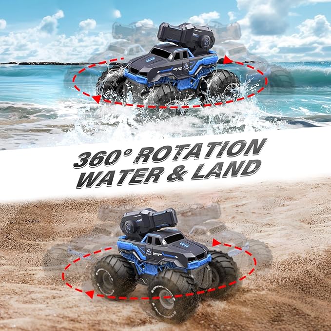 Amphibious Remote Control Car Boat Water Squirt RC Tank 2.4GHz Gesture Sensor 4WD Monster Truck Waterproof RC Car for 6 7 8 9-12 Kids Girls Boys Gift Beach Pool Water Toy With 2 Replaceable Batteries