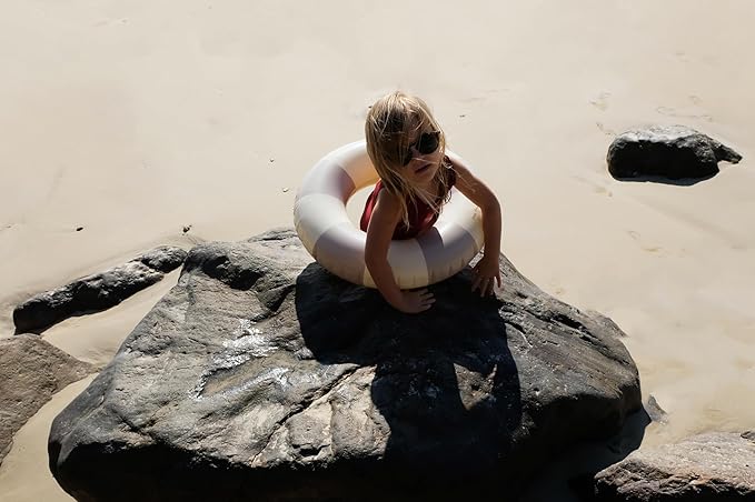 Petites-Pommes Round Pool Float for Kids & Toddlers - Durable Inner Tube, Handprinted Classic Striped Design Bachelorette Pool Floats, Soft Comfort Seaming, Packable Floats for Travel, Beige, 24 inch