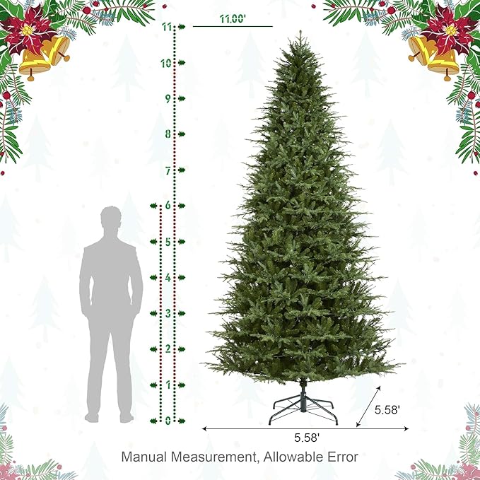 Glitzhome Artificial Christmas Tree, 11ft Prelit Hinged Holiday Tree Majestic Evergreen Fir Xmas Tree with 3200 Warm White/Multi-color Horse Race LED Lights, 9 Function w/Foot Pedal and Remote Control