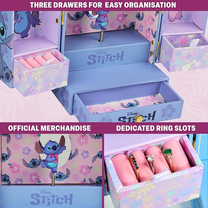 Get Trend Disney Stitch Musical Jewelry Box for Girls with Mirror, Drawers, and Wind Up Music, Jewelry Organizer for Rings, Charms, Gifts for Girls (Blue Stitch)