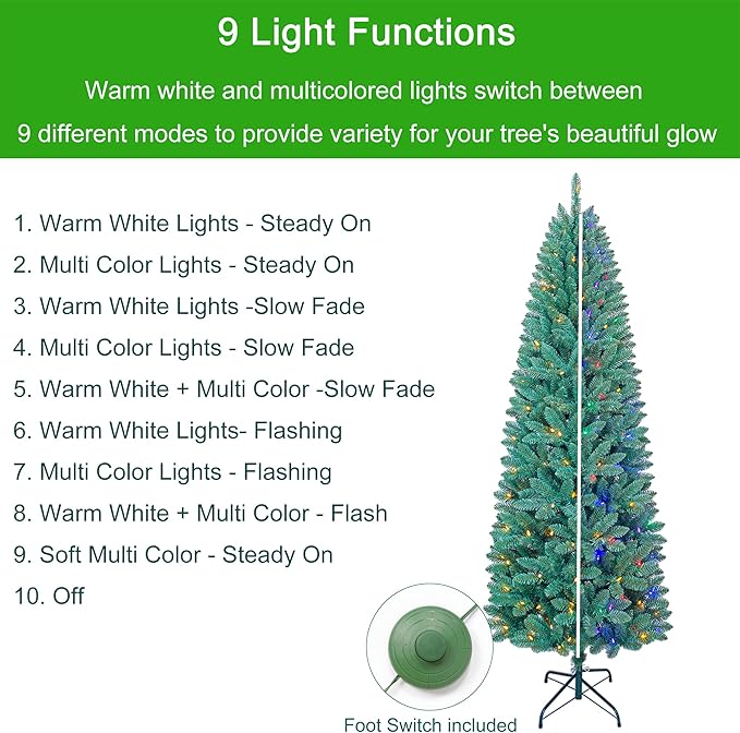 7.5FT Prelit Slim Artificial Christmas Tree with 843 Branch Tips, 250 Dual-Color LED Lights and Metal Stand, Realistic Skinny Pencil Blue Spruce Tree with Multi-Function Lights