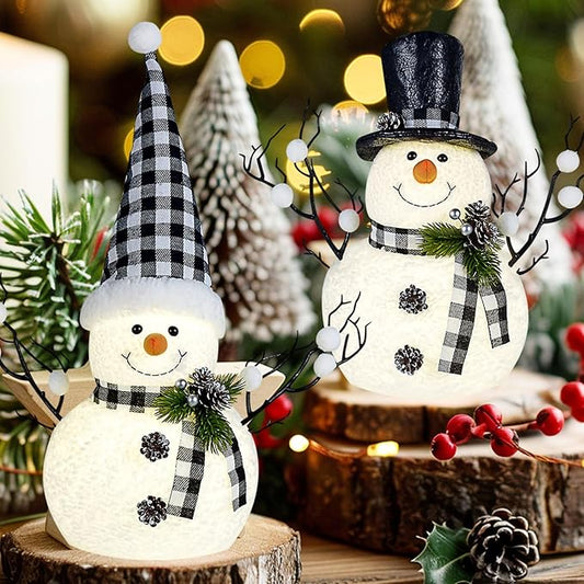 2 Pack Black and White Christmas Decor, 14" Lighted Snowmen Tree Buffalo Check Plaid Farmhouse Decorations, Table Centerpieces Rustic Gifts Tiered Tray Decor with for Christmas Party