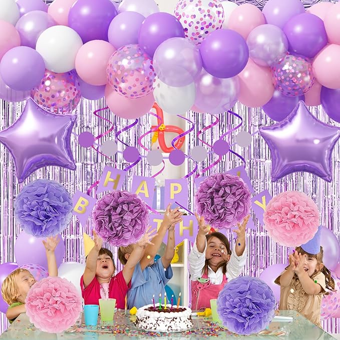Pastel Pink Lilac White Balloon Arch Garland, Pale Purple Pink Happy Birthday Banner Foil Curtain Pompoms Hanging Swirl for Women Girls Birthday Party Decor