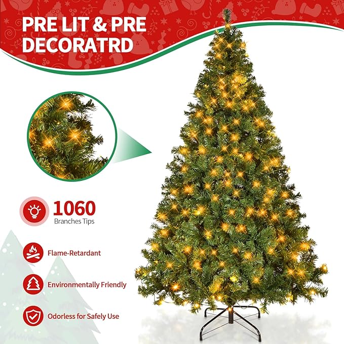 6.5ft Artificial Christmas Tree w/250 Multi-Color Lights & 8 Different Light Holiday Xmas Tree, Premium Hinged Spruce Xmas Tree w/1060 Branch Tips and Foldable Metal Stand for (6FT)