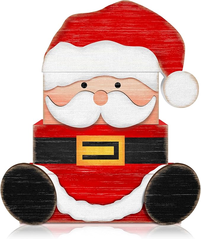 Britimes 4 Pcs Christmas Santa Table Decor Christmas Tiered Tray Decorations Set Santa Stack Block Signs Gift Rustic Farmhouse Tabletop Decor for Table & Home Office