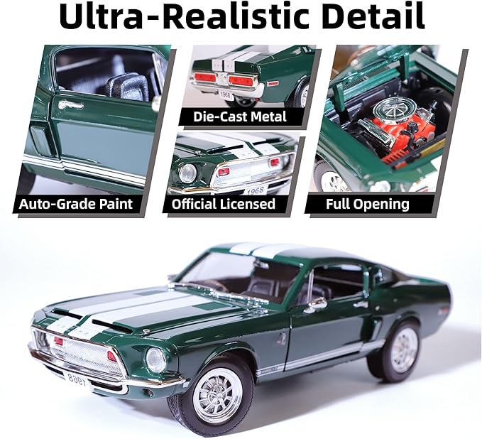 1968 Ford Shelby Cobra GT-500KR 1:18 Scale Diecast Model Premium Alloy Sports Cars with Display Case, Working Steering, Best Gift for Men, Dad & Kids 14+ Years Collector's(Green)