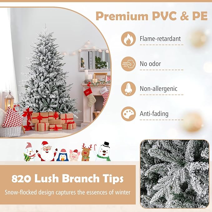 GOFLAME 6ft Pre-Lit Christmas Tree Snow Flocked, Hinged Artificial Xmas Tree with 820 Branch Tips, 260 Multi-Color LED Lights, 8 Lighting Modes, Holiday Decoration Tree for Home Office Party