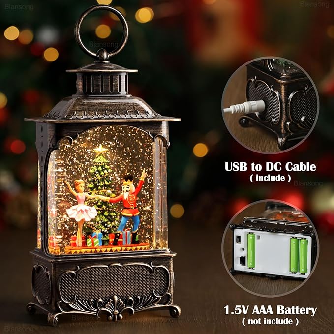 Nutcracker Snow Globe Lantern Christmas Decorations Gifts Auto Snowfall Glitter Music Collection Clara Christmas Tree with 6H Timer USB/Battery Powered 10.2 inch