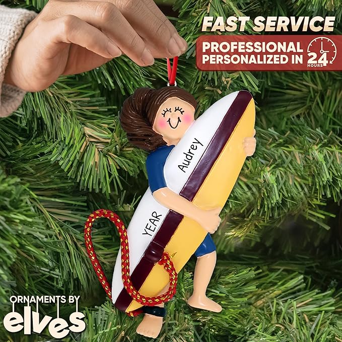 Personalized Surfboard Ornaments 2025 - Brunette Surfer Girl Beach Ornaments Surfer for Christmas Tree Surfing Ornament Gifts for Surfers Beachy Christmas by Elves