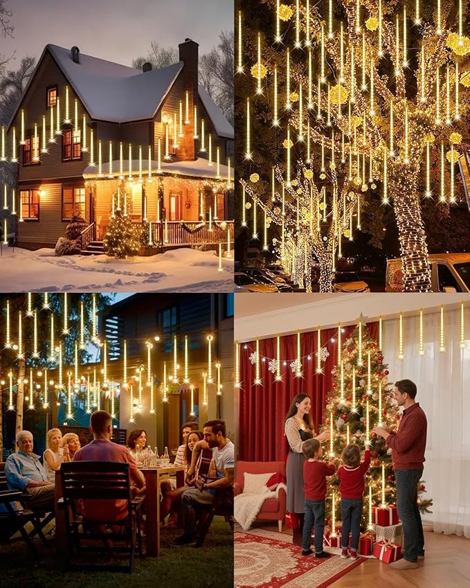 Aokudoni Warm White Christmas Lights Meteor Shower Lights Outdoor 24-Tube 576 LED Snowfall Icicle Cascading Rain Light Christmas Decorations for House Tree Yard Roof Patio Porch Stair, UL Plug
