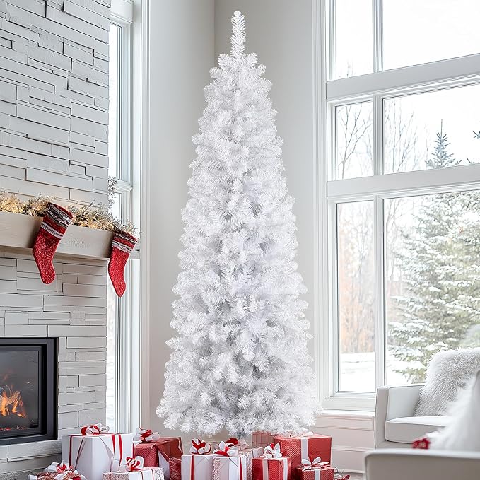 SHareconn 7.5ft Prelit Artificial Hinged Slim Pencil Christmas Tree with Warm White Lights, Full Branch Tips, Perfect Choice Decoration for Xmas Holiday, 7.5 FT, White