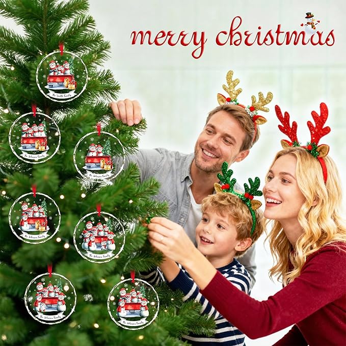 Personalized Christmas Ornaments - Family of 2,3,4,5,6,7,8 Snowman Red Truck Family Christmas Ornament 2025, Custom Name Gift, Holiday Xmas Tree Decoration