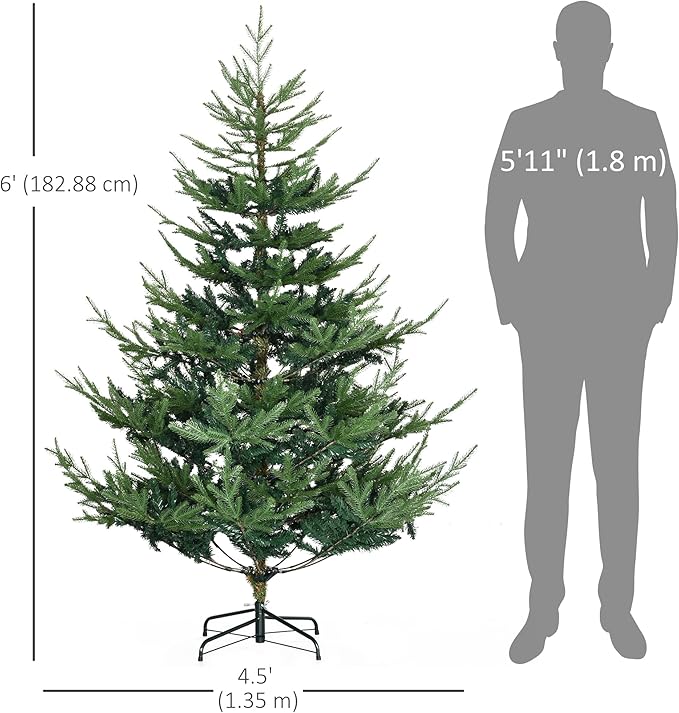 HOMCOM 6 Foot Artificial Christmas Tree, Nordic Pine Hinged Xmas Tree with 795 Realistic Branches, Wide Steel Base, Auto Open, Green