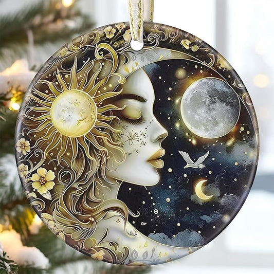 3.5" Ceramic Christmas Ornaments, Christmas Tree Ornaments, Heirloom Keepsake, Gift Exchange, Gift Idea, Bauble Present - Sun and Moon