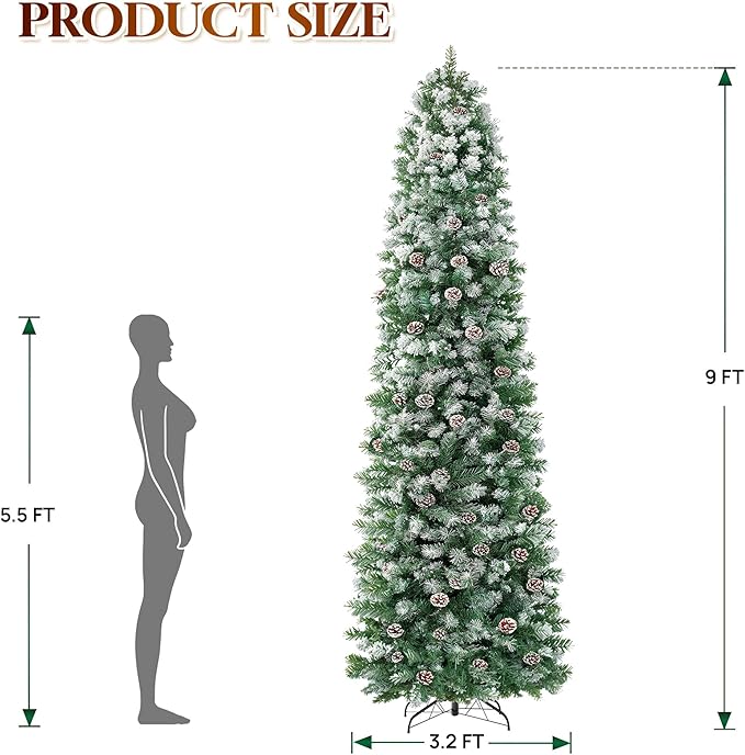 HOLLO STAR 9 ft Prelit Christmas Tree with 500 LED Lights, App Control, Slim Pencil Christmas Tree, Multi-Color RGBW Lights, 1426 Flocked Frosted Tips, Xmas Tree, 95 Pine Cones, for Home, Party