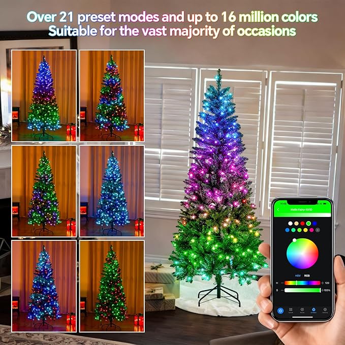6FT Prelit Christmas Tree with 250 LED Lights, App Controlled Artificial Christmas Tree with Multi-Color RGB Lights & Music Sync, Slim Pencil Christmas Tree for Home Christmas Decorations