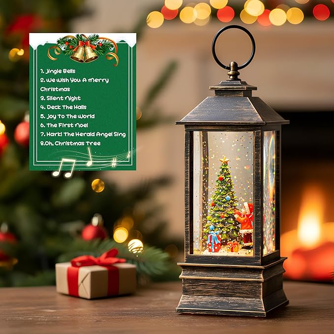 10'' Snow Globe Christmas, Musical Lighted Water Lantern with Swirling Glitter Decoration for Christmas Home, Living Room, Battery Operated or USB Powered (Christmas Tree)