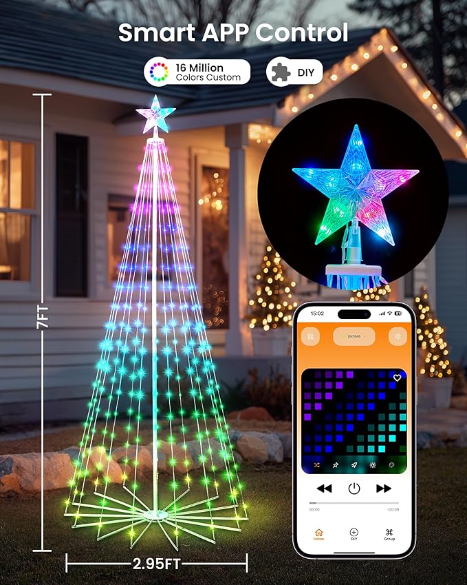 Outdoor Christmas Cone Tree, 7FT 295 LEDs with Smart APP and Local Control, DIY Pattern and Text Displayable, IP65 Waterproof RGB String Lights for Porch Yard Indoor Outdoor Decorations