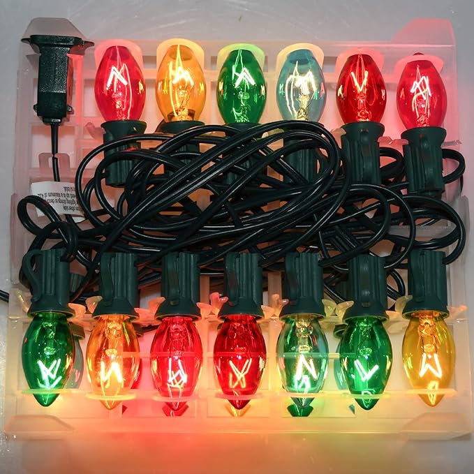 C7 Outdoor Christmas Light, 25Ft Vintage Christmas String Lights with 27 Clear Colorful Bulbs (2 Spare), Vintage Outdoor String Lights for Christmas Holiday Prom Roofline Party Wedding Decor-Green