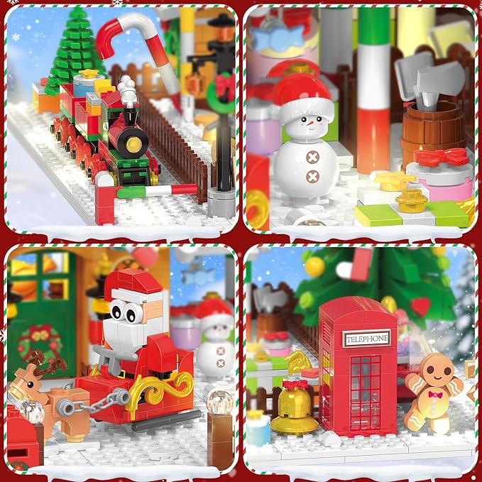 2025 Christmas Gingerbread House Courtyard Mini Building Set with Lights, Christmas Village Building Block Toy with Santa Xmas Tree Holiday Train Gift for Adults Boys Girls 14+ (1763PCS)
