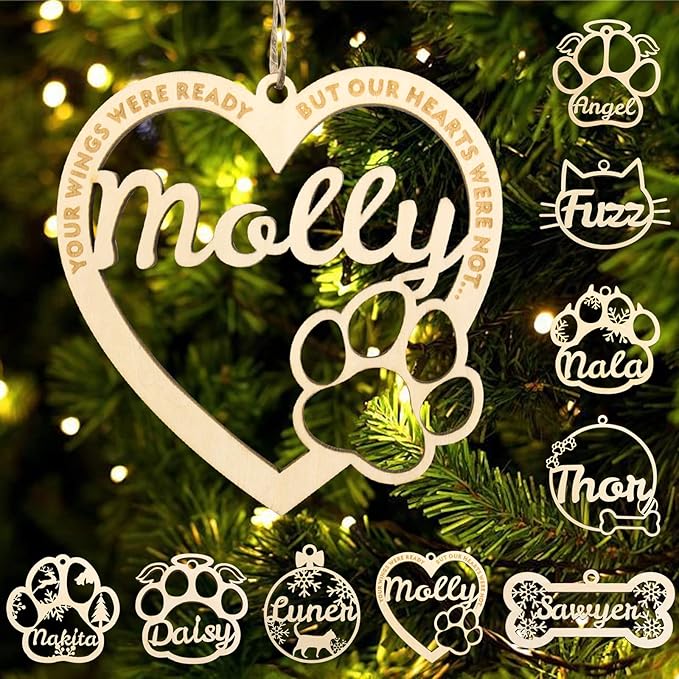 Personalized Dog Cat Paw Ornament Christmas, Custom Pet's Name Ornament, Customized Wooden Heart Shaped Dog Paw Ornaments for Christmas Tree